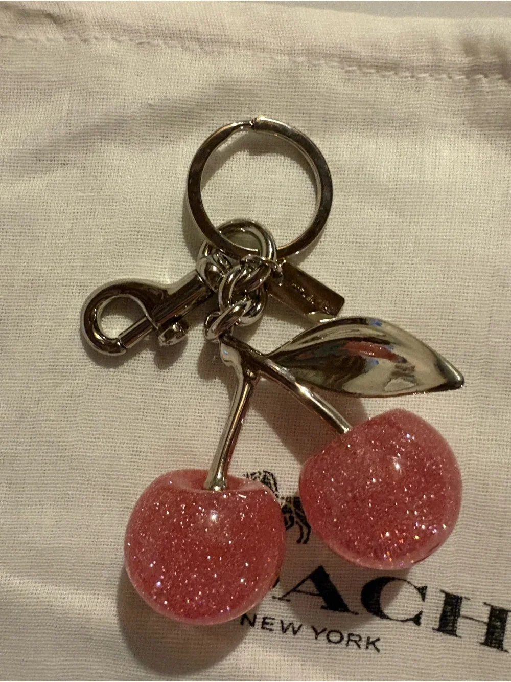 Coach Pink Glitter Cherry Bag Charm / Keychain w/ Dust Bag
